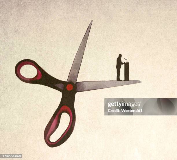illustration of public speaker standing on edge of oversized scissors symbolizing risk - audio speakers stock illustrations