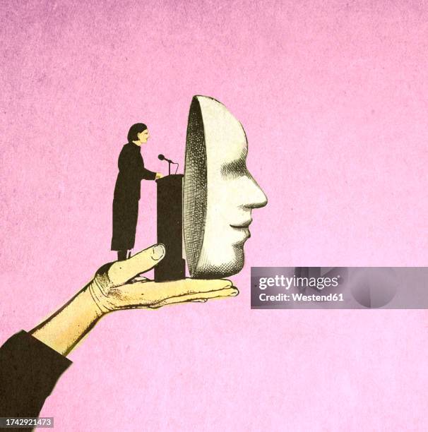 ilustrações de stock, clip art, desenhos animados e ícones de illustration of oversized hand supporting female speaker talking in front of large mask symbolizing lies and dishonesty - desonestidade
