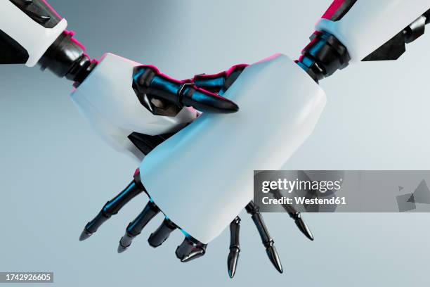 3d render of two robotic arms shaking hands - agreement stock illustrations