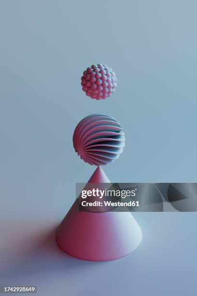 3d render of two spheres floating over cone - hovering stock illustrations