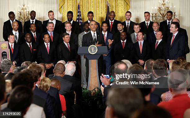 President Barack Obama speaks during an event honoring the Louisville Cardinals, the 2013 NCAA Men's Basketball Champions, in the East Room of the...