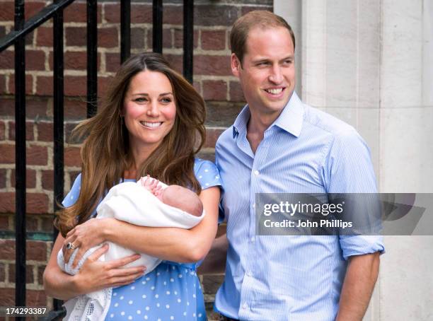 Prince William, Duke of Cambridge and Catherine, Duchess of Cambridge with their newborn son depart the Lindo Wing of St Mary's Hospital on July 23,...