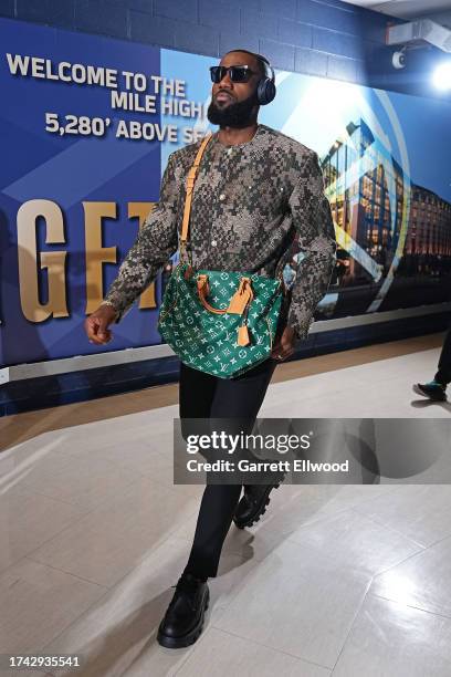 LeBron James of the Los Angeles Lakers arrives to the arena before the game against the Denver Nuggets on October 24, 2023 at the Ball Arena in...