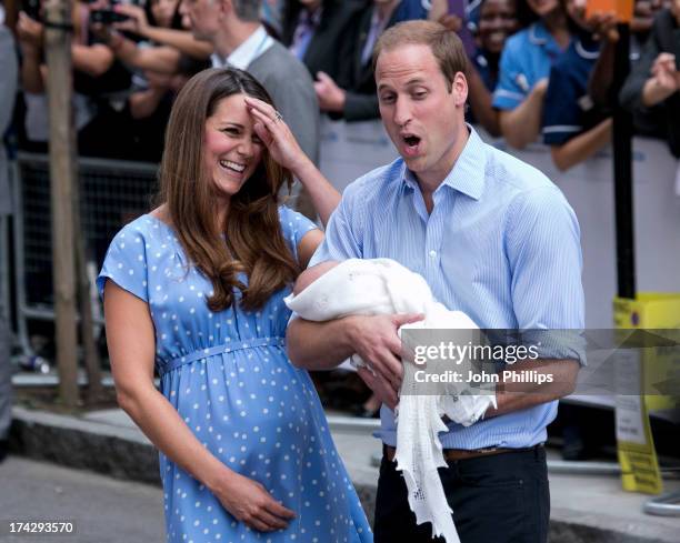 Prince William, Duke of Cambridge and Catherine, Duchess of Cambridge with their newborn son speak to the media before departing the Lindo Wing of St...