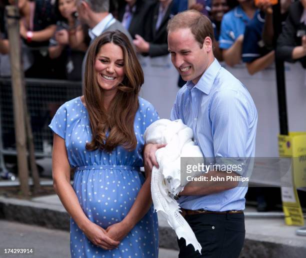 Prince William, Duke of Cambridge and Catherine, Duchess of Cambridge with their newborn son speak to the media before departing the Lindo Wing of St...