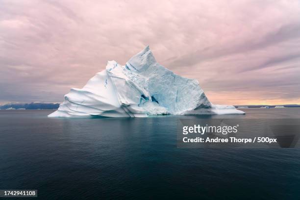 scenic view of iceberg in sea against sky during sunset - andree thorpe stock pictures, royalty-free photos & images