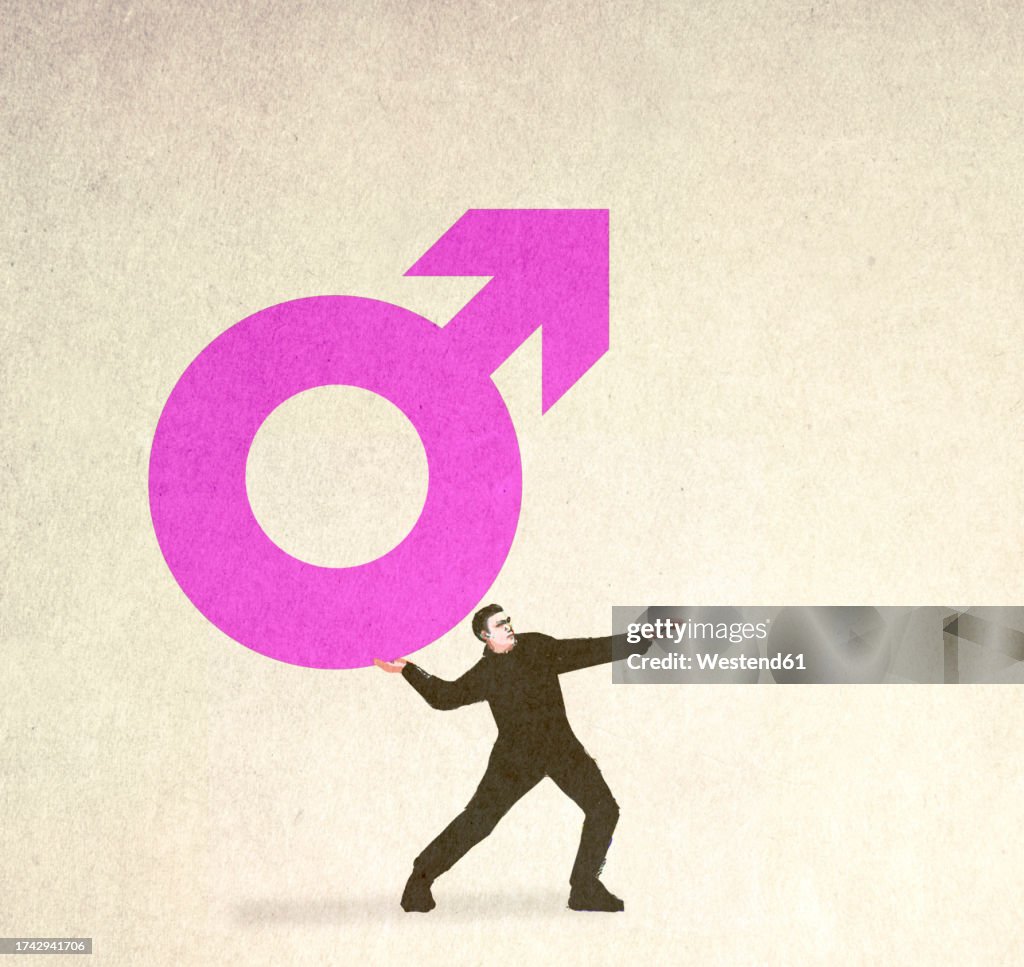 Illustration of man throwing male symbol symbolizing stereotypical masculinity