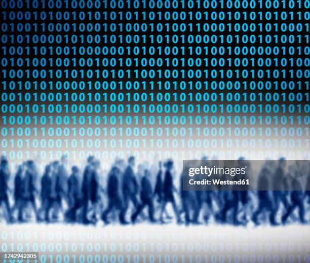 illustration of crowd of people walking against floating binary code - commuters crowd stock illustrations