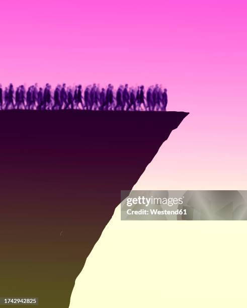 illustration of crowd of people walking towards cliff edge - at the edge of stock illustrations