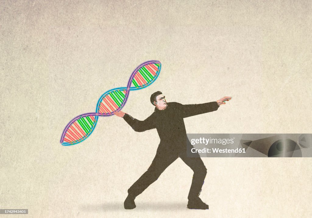 Dna Man Vector Illustration Of Man Throwing Dna Model Symbolizing Genetic Research ...