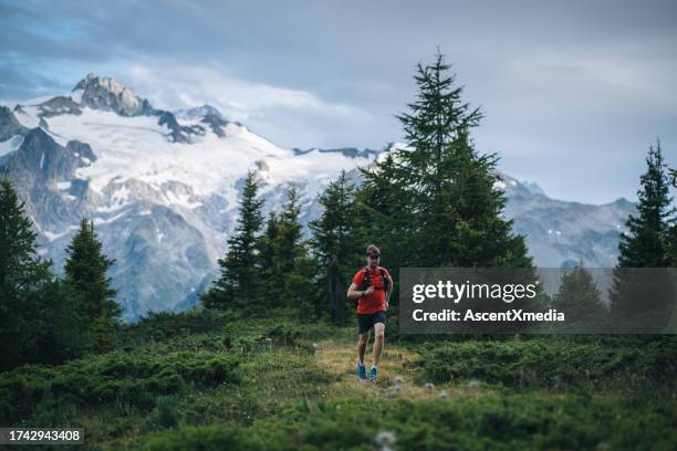 trail runner bounds along mountain trail - mont blanc massif stock pictures, royalty-free photos & images