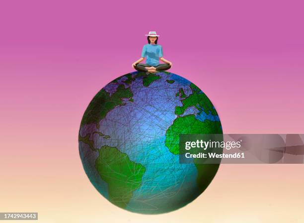 stockillustraties, clipart, cartoons en iconen met illustration of woman meditating on top of world - bovenop de wereld