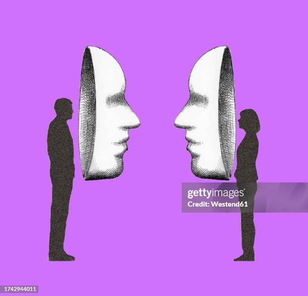 ilustraciones, imágenes clip art, dibujos animados e iconos de stock de illustration of man and woman wearing oversized masks standing face to face - lies