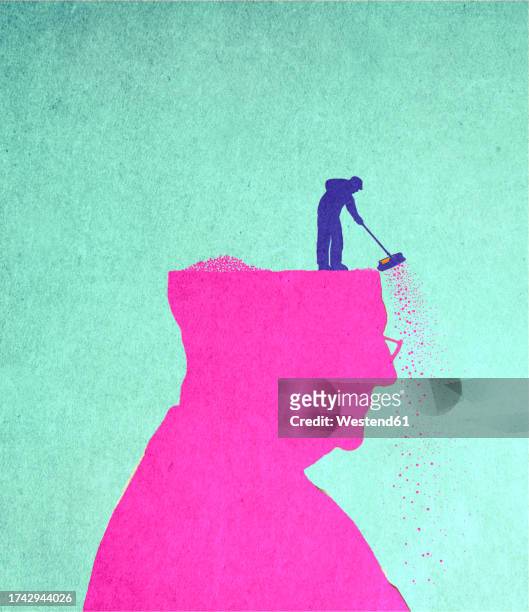 illustration of man sweeping off deteriorating head of senior man suffering from alzheimers disease - memories stock illustrations