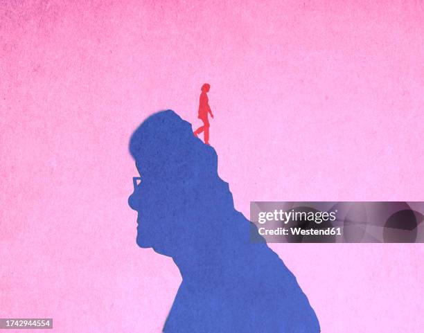 illustration of woman walking down deteriorating head of senior woman suffering from alzheimers disease - senior women stock illustrations