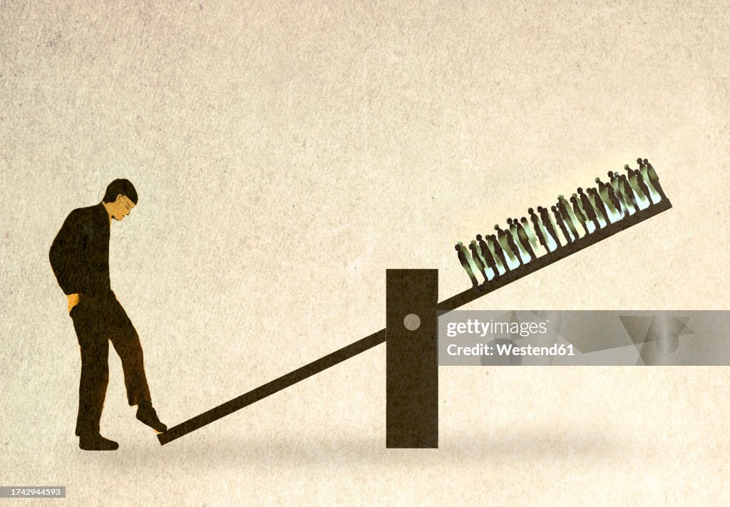 Illustration of man balancing crowd of people on seesaw