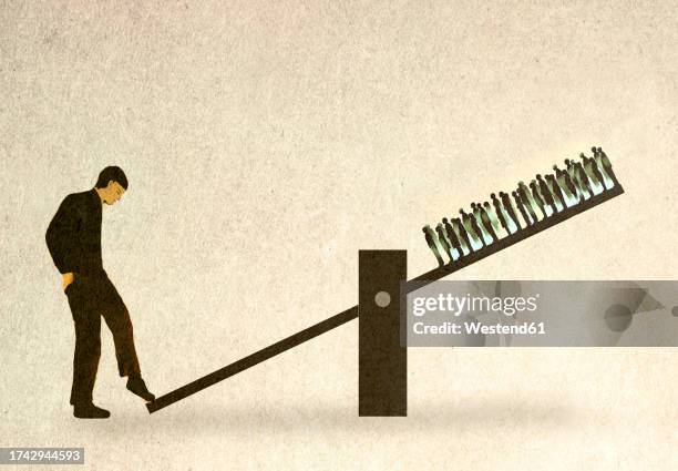 illustration of man balancing crowd of people on seesaw - perspective stock illustrations