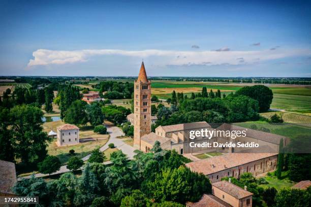aerial view of the pomposa abbey in codigoro - codigoro stock pictures, royalty-free photos & images