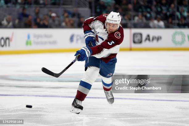 Jack Johnson of the Colorado Avalanche shoots against the Seattle Kraken during the first period at Climate Pledge Arena on October 17, 2023 in...