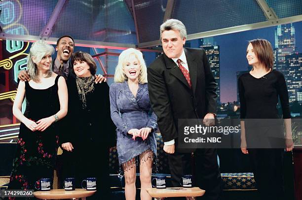 Episode 1542 -- Pictured: Musician Emmylou Harris, comedian Arsenio Hall, musicians Linda Ronstadt, Dolly Parton, host Jay Leno, actress Rachael...