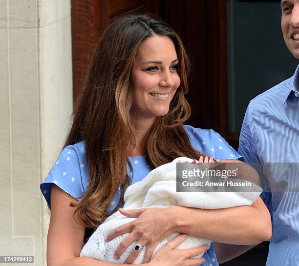 Catherine, Duchess of Cambridge leaves the Lindo Wing of St. Mary's hospital with her newborn son on July 23, 2013 in London, England.