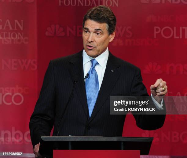 Republican presidential hopeful and Texas Governor Rick Perry speaks during the Republican Presidential Candidates debate at the Ronald Reagan...