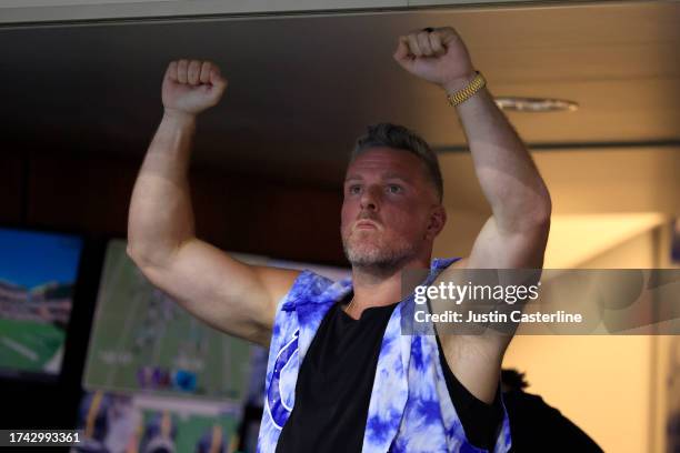 Pat McAfee reacts in the game between the Los Angeles Rams and the Indianapolis Colts at Lucas Oil Stadium on October 01, 2023 in Indianapolis,...