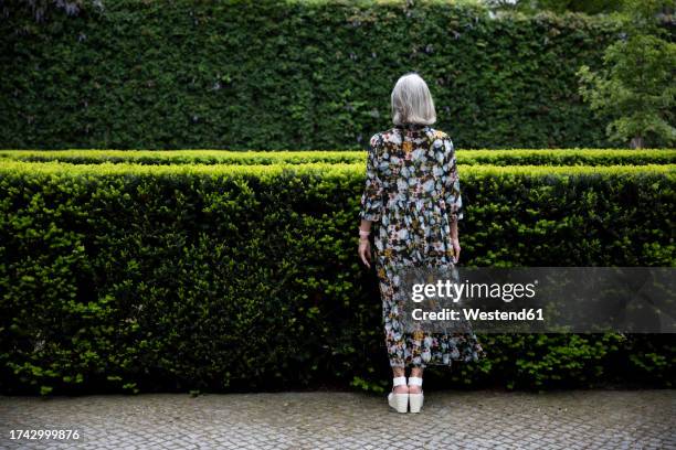 woman standing in front of plants in park - elderly woman from behind photos et images de collection