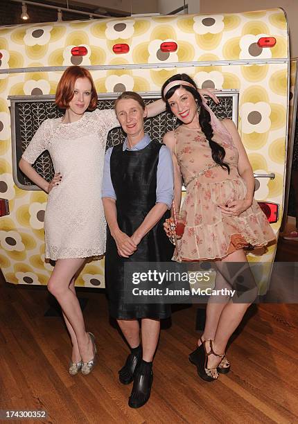 Model Karen Elson, designer Orla Kiely and artist Sarah Sophie Flicker attend the Orla Kiely for Target Preview Party on July 23, 2013 in New York...