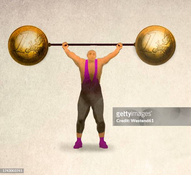illustration of strongman holding barbell made of one euro coins - 1 euro stock-grafiken, -clipart, -cartoons und -symbole
