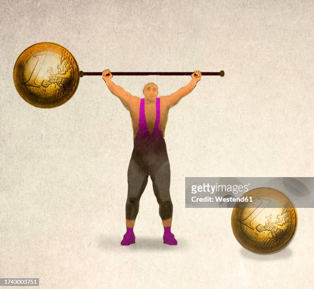illustration of strongman holding barbell made of one euro coins with one end broken off - stage costume stock illustrations