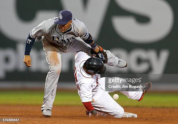 Yunel Escobar of the Tampa Bay Rays drops the ball as Dustin Pedroia of the Boston Red Sox steals second in the 3rd inning allowing a run to score at...