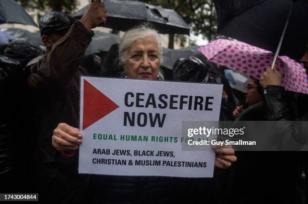 Hundreds of people brave the rain to join a vigil for the victims of the al-Ahil Hospital attack at 10 Downing Street on October 18, 2023 in London,...