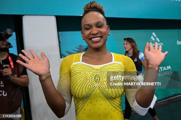 Brazil's Rebeca Andrade celebrates after winning the gold medal in the artistic gymnastics women's vault final during the Pan American Games Santiago...
