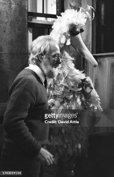 Master muppet builder Kermit Love with puppeteer Caroll Spinney as 'Big Bird' during the taping of Sesame Street's very first season, taken for...