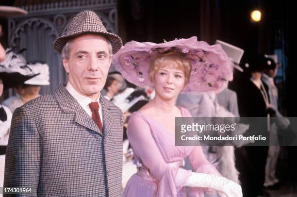Delia Scala, stage name of Odette Bedogni, in the role of Eliza Doolittle, and Gianrico Tedeschi, in the role of the cynical professor Higgins, in...