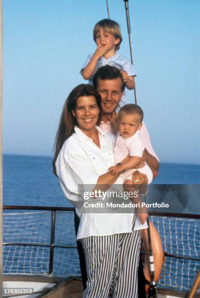 Princess Caroline of Monaco in a boat together with her husband Stefano Casiraghi, and their two children Andrea and Charlotte. .