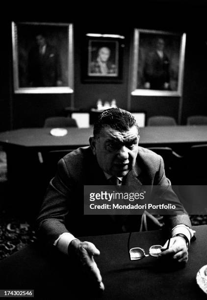 Italian industrialist Giovanni Borghi speaking in his office. Varese, 1966.