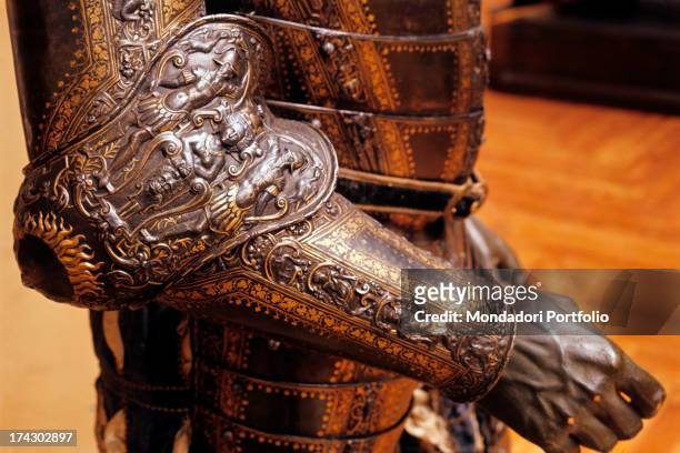 Close-up of the details of the magnificent couter and brassard of the armour of Philip II, first King of Spain from 1556 to 1598. Madrid , 1966..