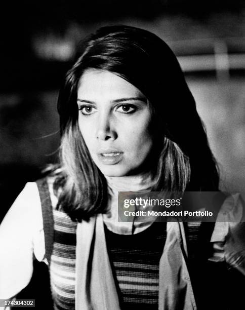 Portrait of Italian actress Laura Belli on the set of the TV series Ho incontrato un'ombra. Italy, 1974.