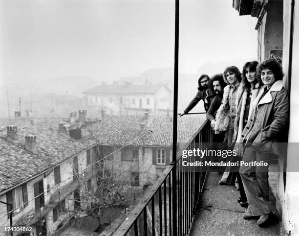 The Italian group I Camaleonti is posing on the terrace of a house in Milan; from the back: Paolo de Ceglie , Livio Macchia , Gerardo Manzoli known...