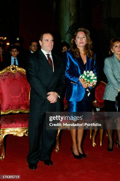 The Italian singer-songwriter Edoardo Vianello during his second wedding with Vania Muccioli. Italy, 1990..