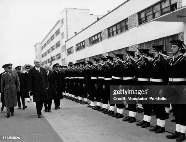 President of the Italian Republic Giuseppe Saragat and Minister of Defence of the Italian Republic Roberto Tremelloni inspecting the company of...