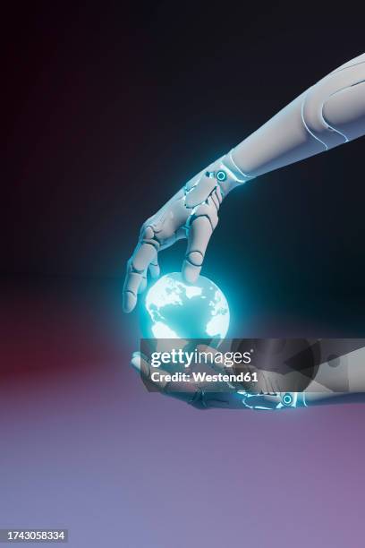 three dimensional render of robotic arms holding glowing planet earth - digital touch stock illustrations