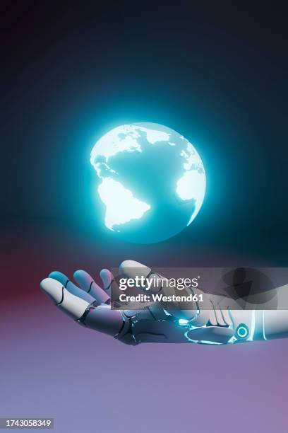 three dimensional render of robotic hand holding glowing planet earth - digital touch stock illustrations