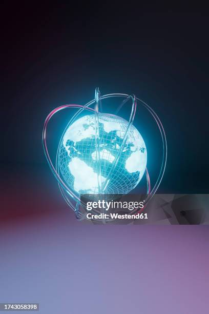 three dimensional render of planet earth resembling atom - global business stock illustrations