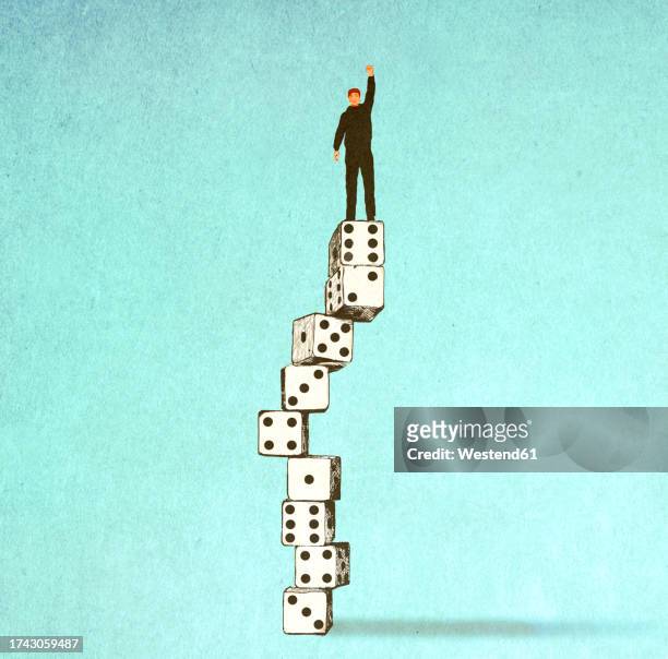 illustration of man balancing on top of stack of oversized dice - arms up stock illustrations
