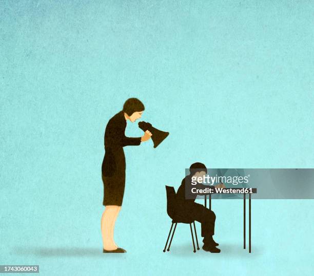 illustration of woman shouting through megaphone on boy writing at desk - education stock illustrations