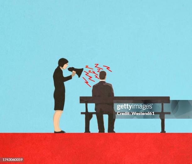 illustration of woman shouting through megaphone on man sitting on park bench - irritation stock illustrations