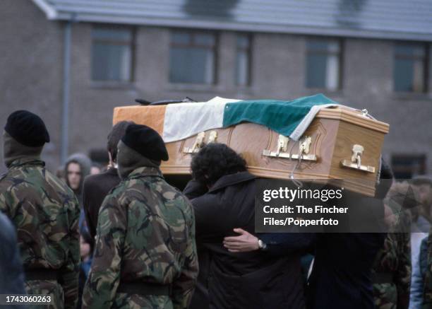 The paramilitary funeral of IRA member Bobby Sands at the Milltown Cemetery in Belfast, England on 7th May, 1981. Bobby Sands died on the 66th day of...